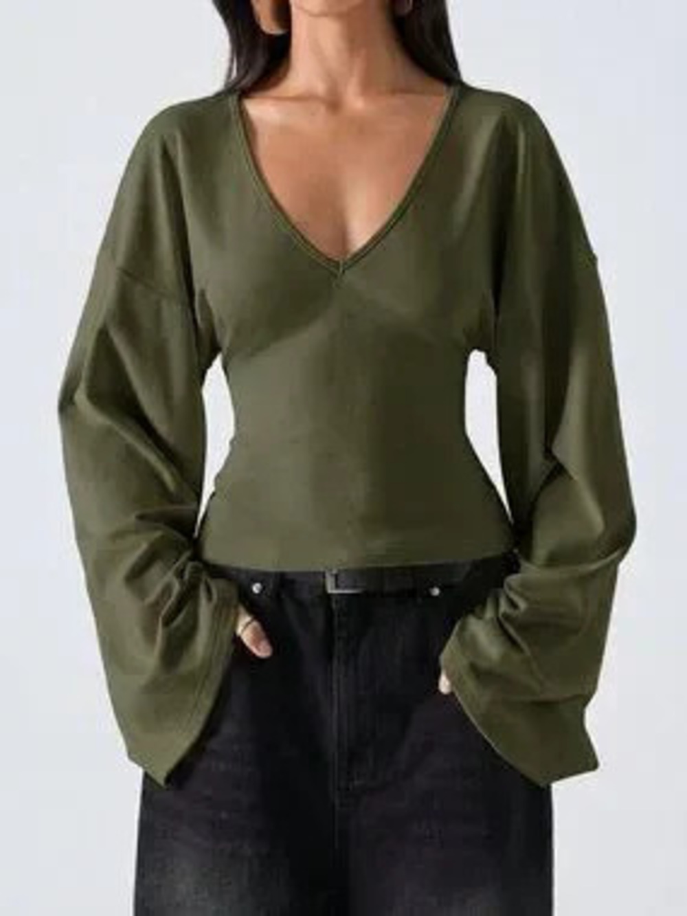 ZARA Army Green Casual Women's V Neck Long Sleeve Slim Fit Blouse